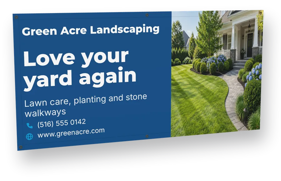 A vinyl banner for Green Acre Landscaping with brass grommets, designed in the Design Lab