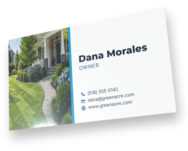 A Green Acre Landscaping business card in 3D, with a photo of a front yard