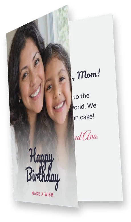 A folded birthday card for Mom, a photo of a mother and daughter on the front, standing a little open to show the message inside
