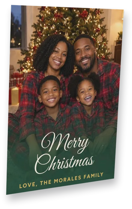A Merry Christmas photo card from the Morales family, the family in matching plaid by their tree