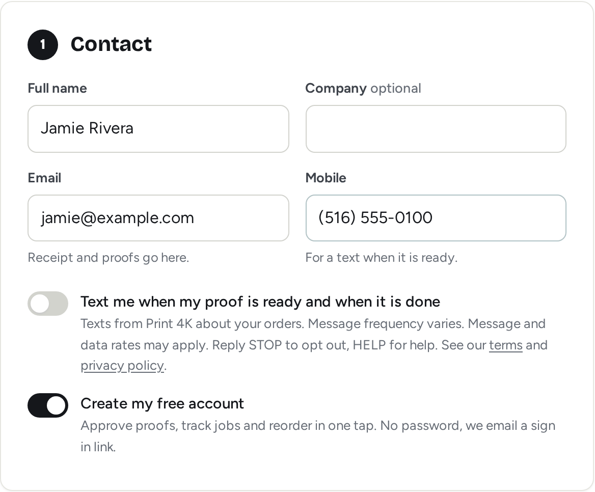 The Contact step at checkout: the Text me switch is off until you turn it on, with the text message terms under it.